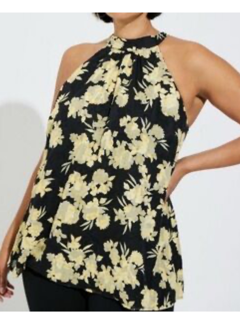 Black Yellow Floral Sleeveless Halter Flowy Blouse XL